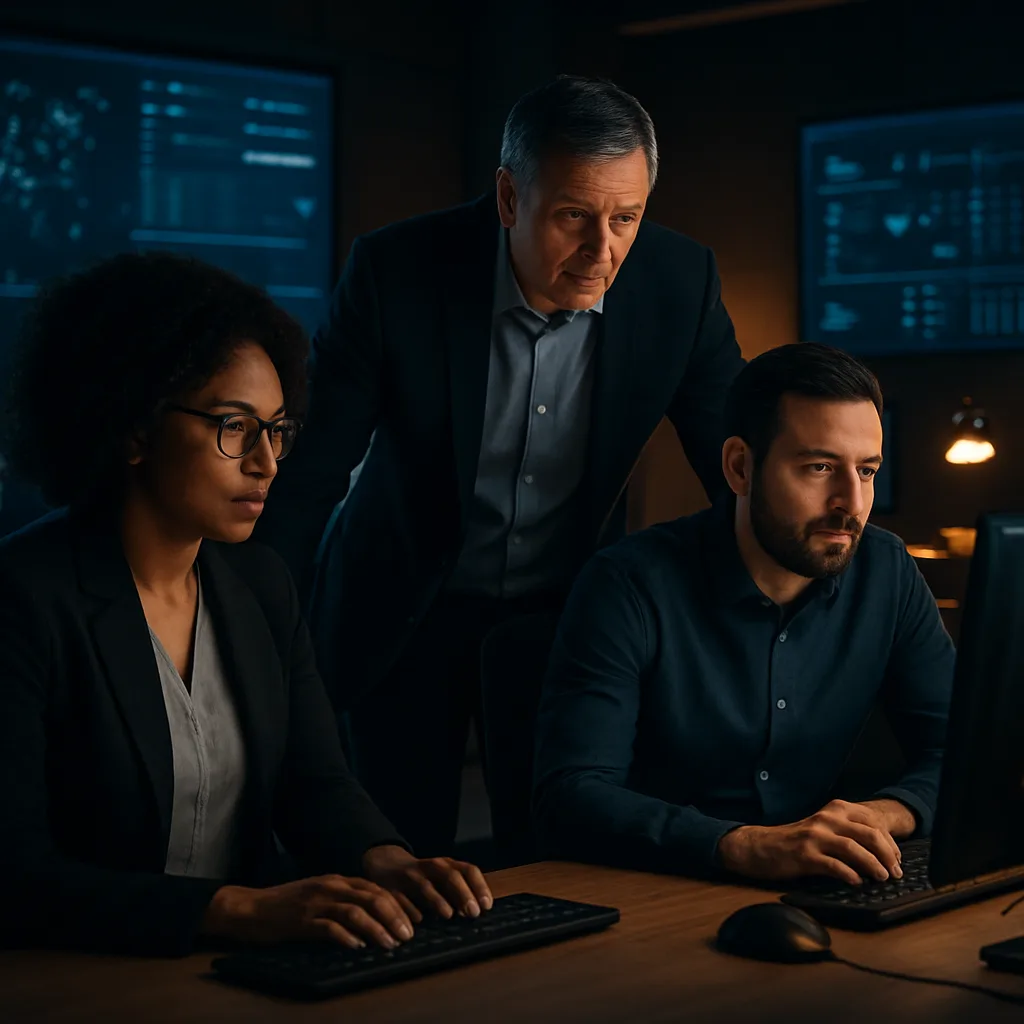 A senior practitioner coaching two security analysts at their workstations in a security operations centre