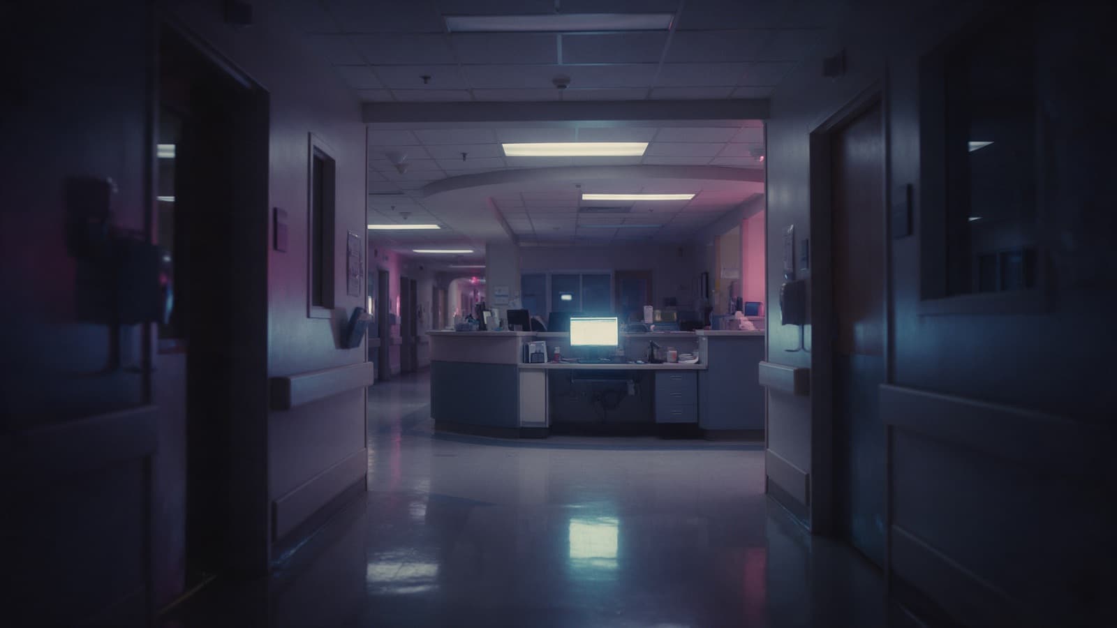 AI-generated illustration: An empty hospital corridor at night with one workstation screen lit