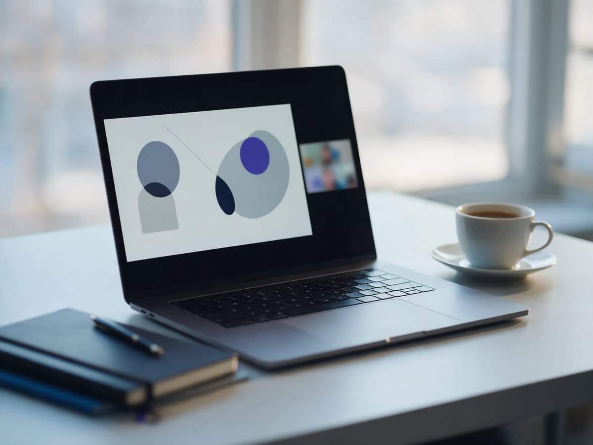 AI-generated illustration: A laptop on a desk showing a live online class slide, with a notebook and coffee