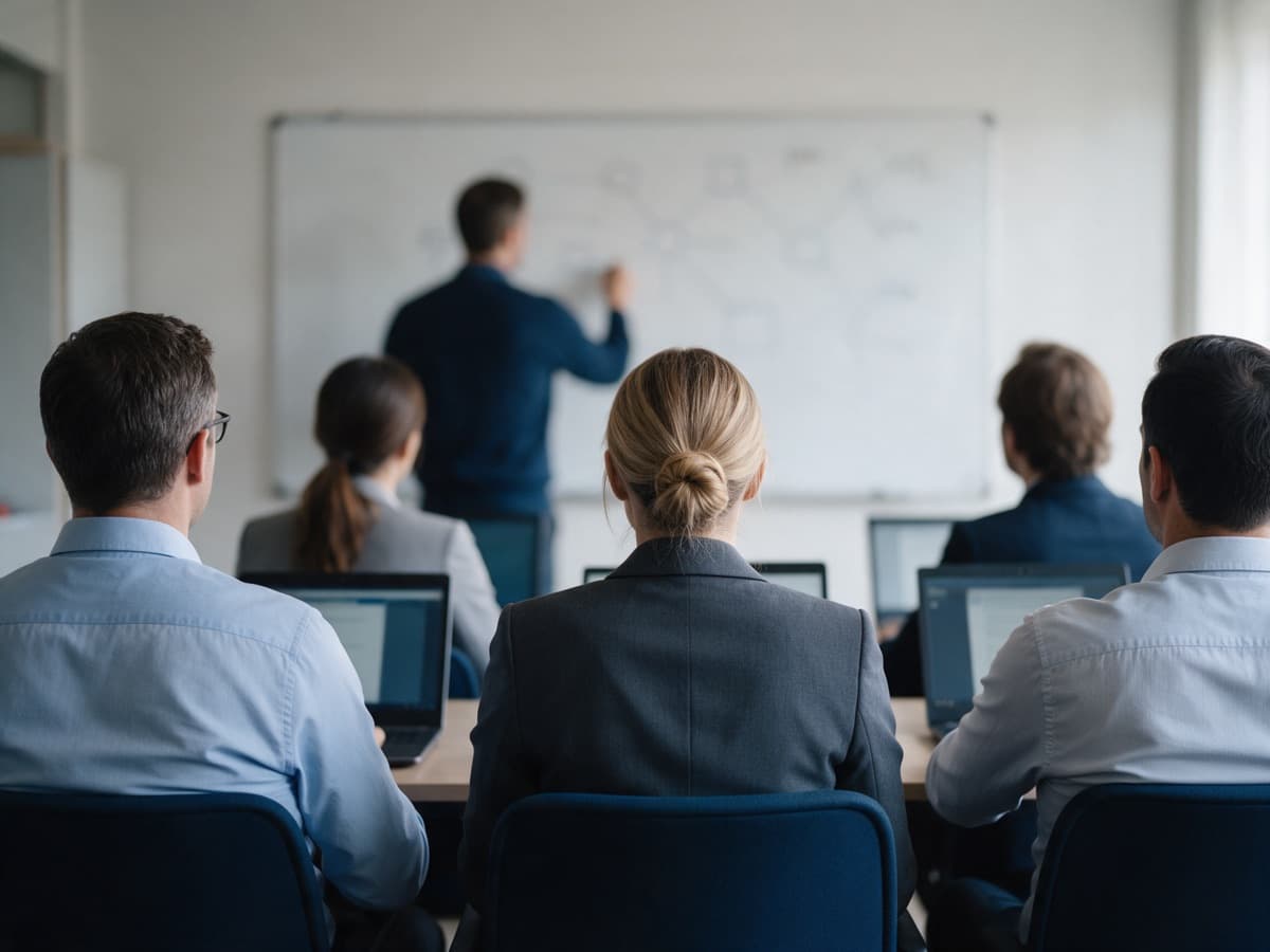 AI-generated illustration: An instructor at a whiteboard with a small team at laptops, seen from behind