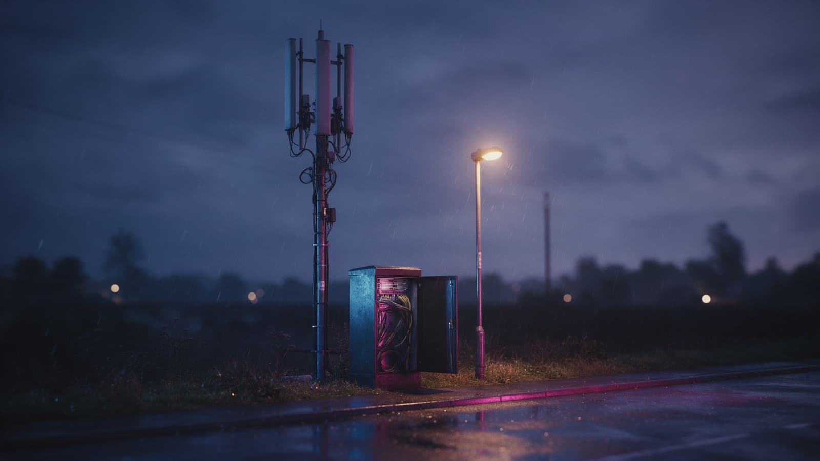 AI-generated illustration: A telecoms mast beside an open fibre street cabinet at night in the rain
