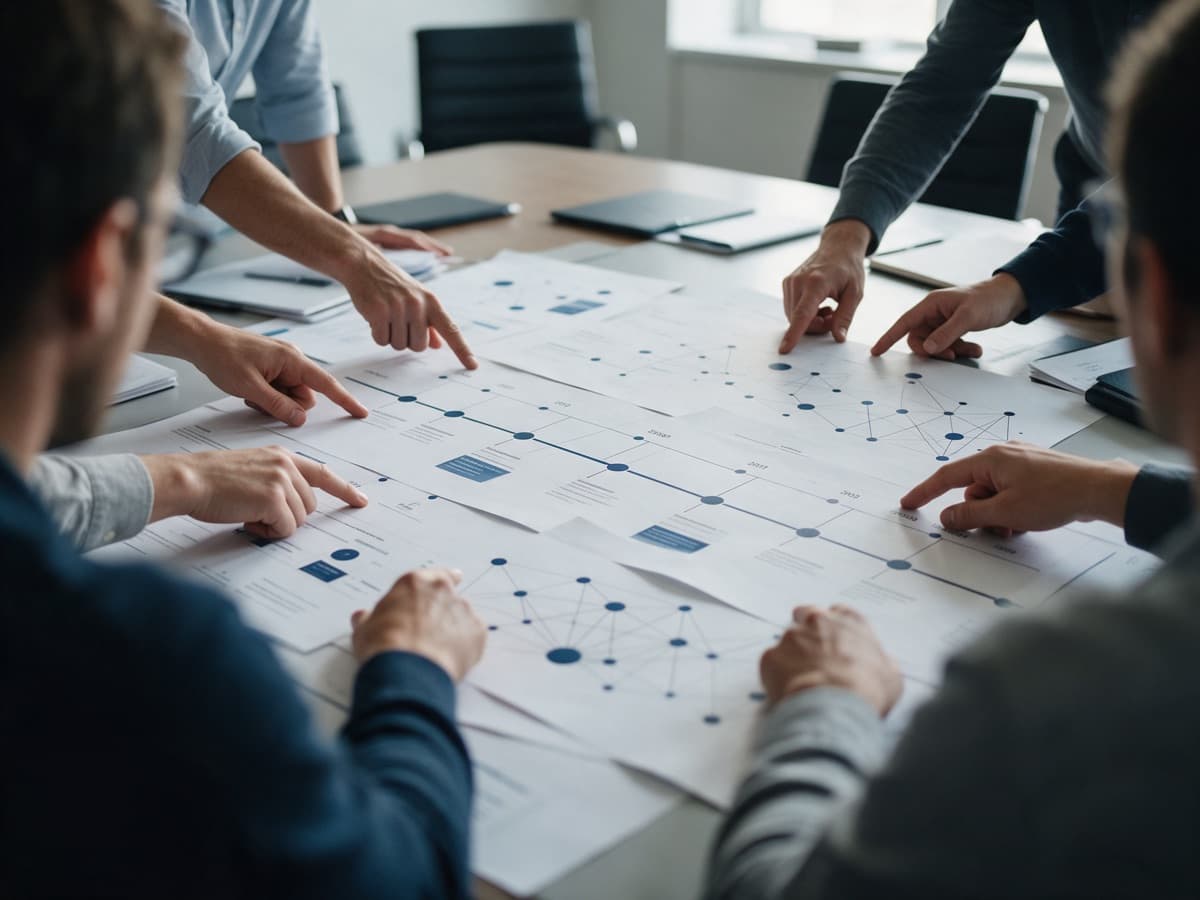 AI-generated illustration: Hands pointing at printed timelines and network diagrams spread across a table
