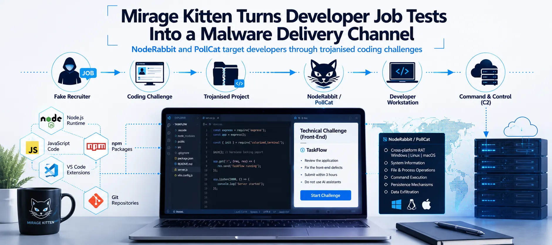 Mirage Kitten Uses Fake Developer Job Tests to Deliver NodeRabbit and PollCat RATs