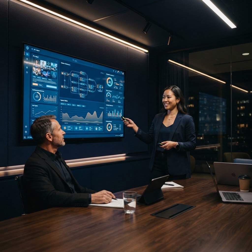 AI engineer presenting a production capstone to a senior mentor