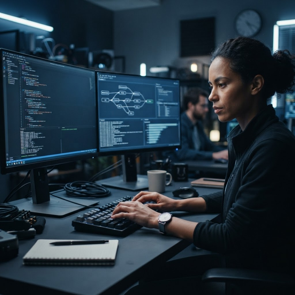 Python engineering workspace showing code, tests, and a data pipeline