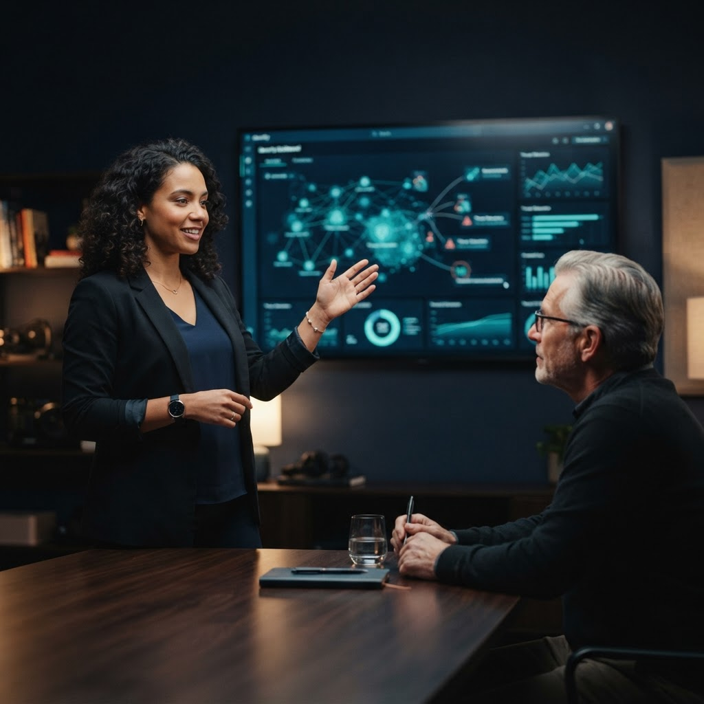 Cybersecurity learner presenting a defended security engagement to a senior mentor