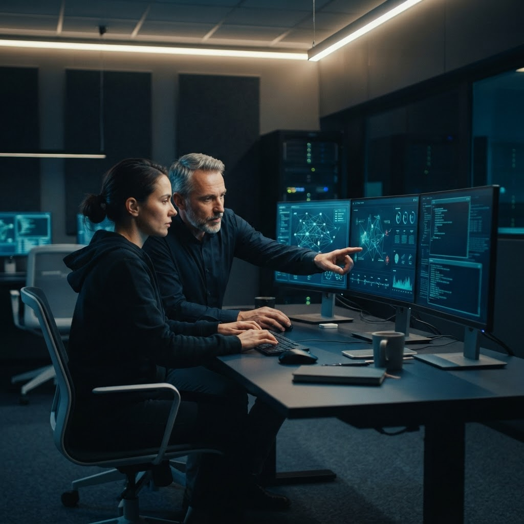 Cybersecurity learner working privately with a senior security mentor